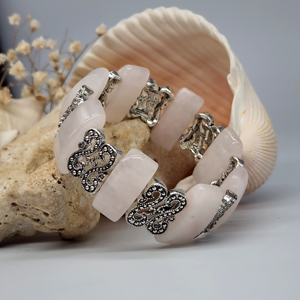 Genuine Rose Quartz Stones Silver Bracelet Gift For Women